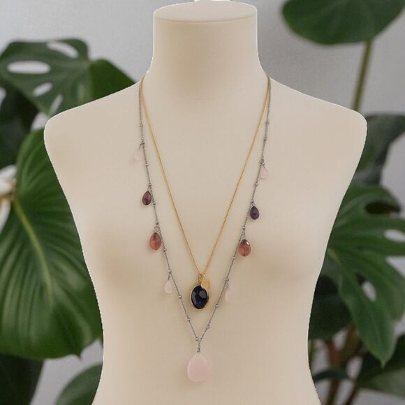 J. Jill Layered Necklace Faceted Glass Charms Iced Rose Quartz Teardrop Adjusts - Picture 2 of 15